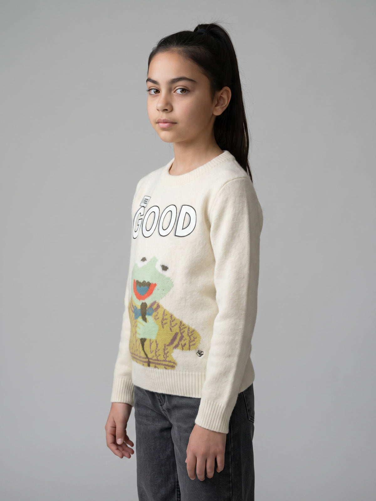 Girls Off White Printed Round Neck Full Sleeve Sweater
