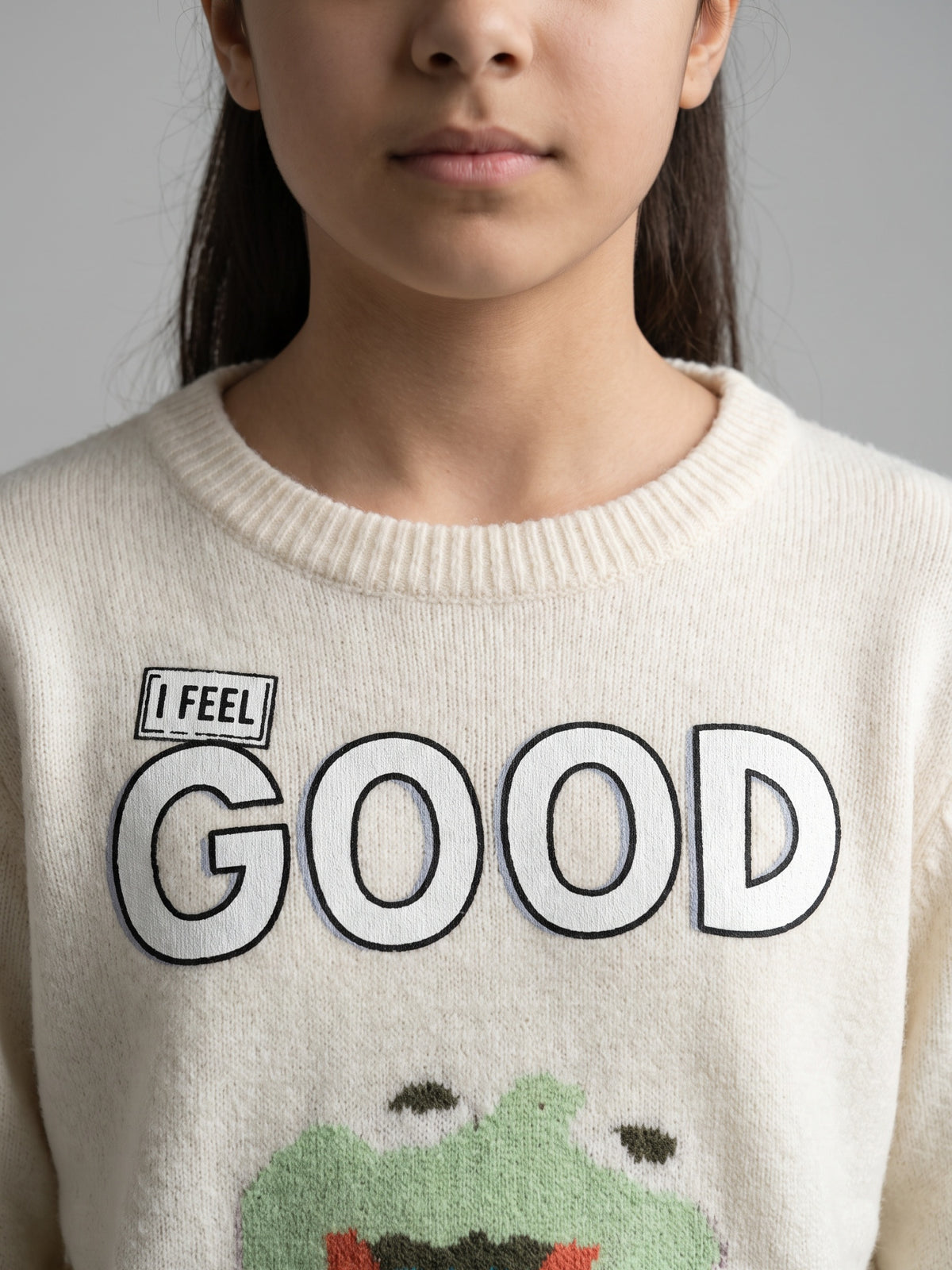 Girls Off White Printed Round Neck Full Sleeve Sweater
