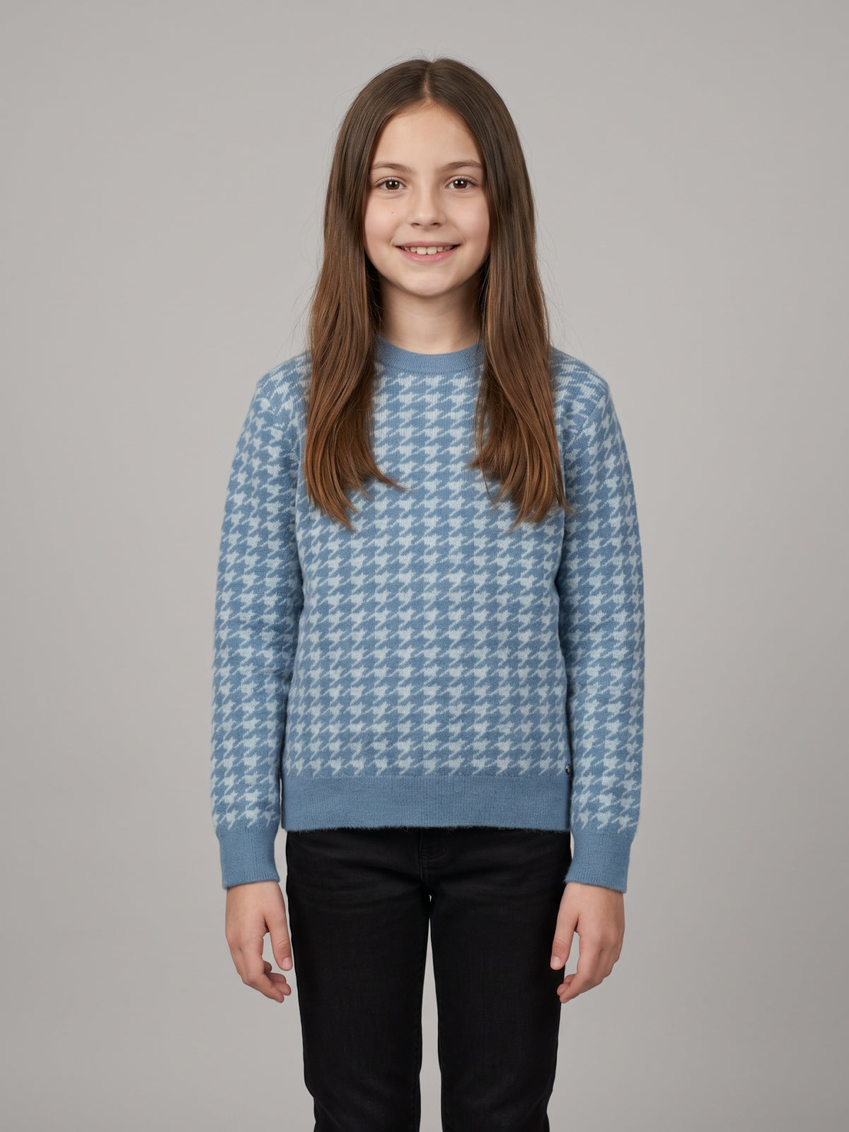 Girls Blue Jacquard Round Neck Full Sleeve Sweater