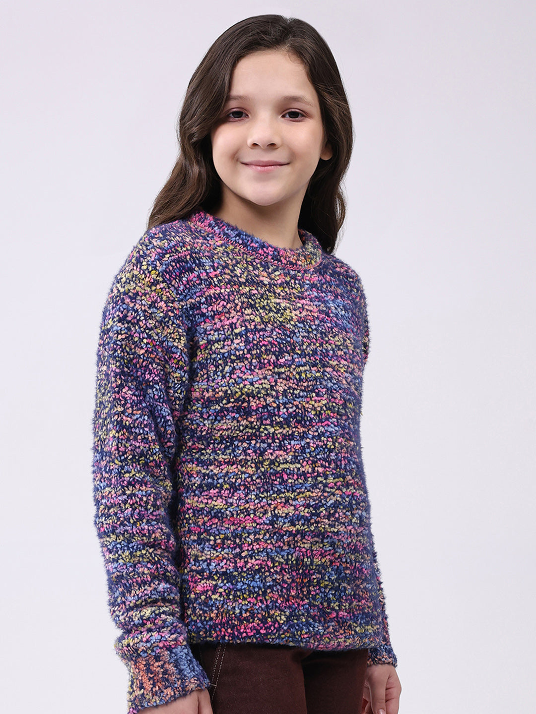 Girls Navy Blue & Purple Self Design Round Neck Full Sleeve Pullover