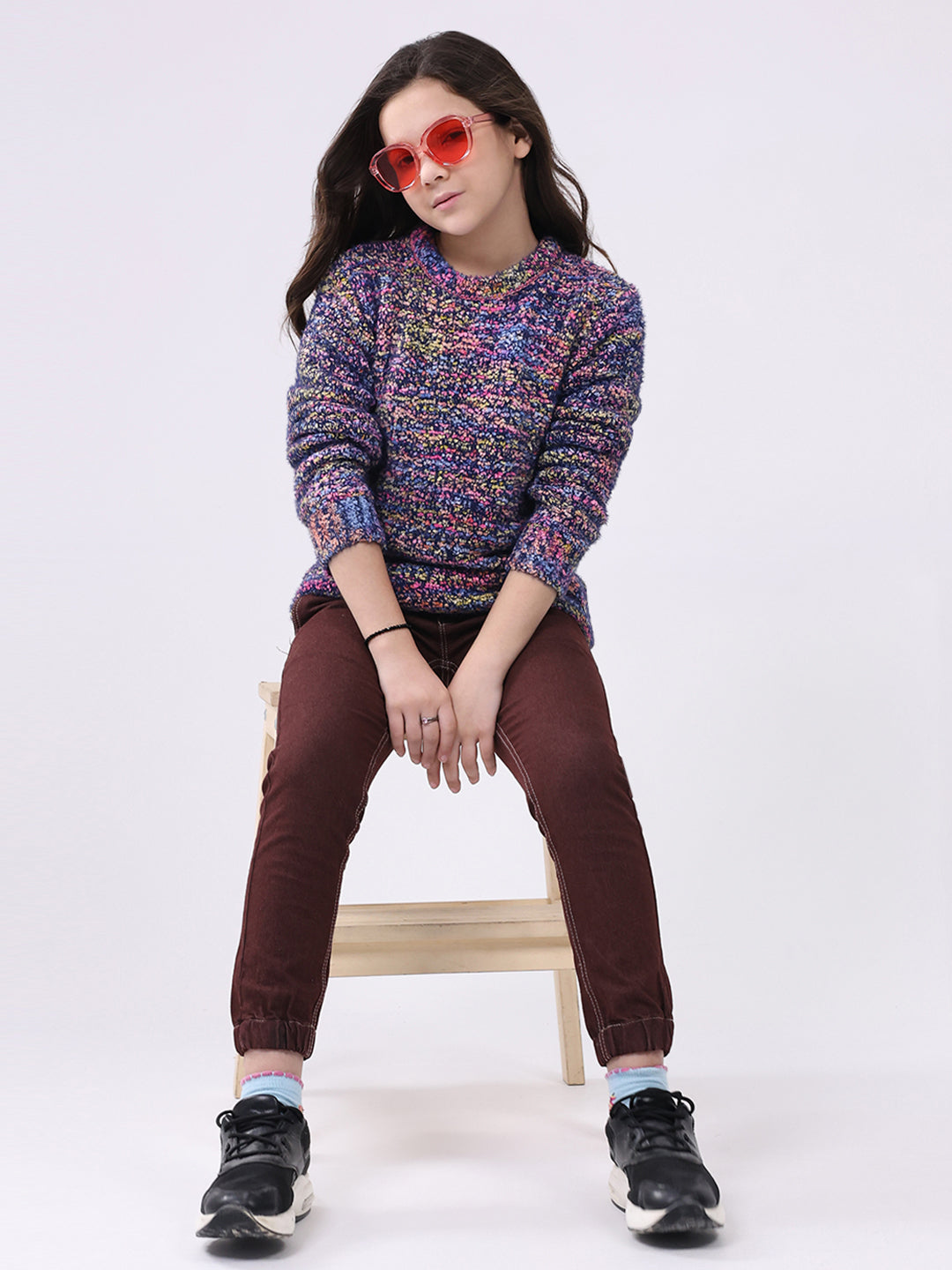 Girls Navy Blue & Purple Self Design Round Neck Full Sleeve Pullover