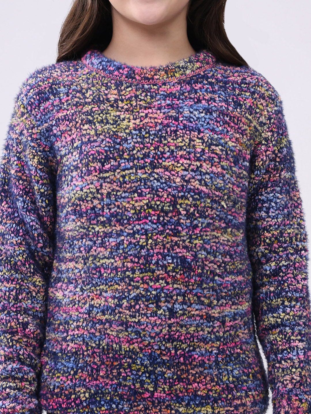 Girls Navy Blue & Purple Self Design Round Neck Full Sleeve Pullover