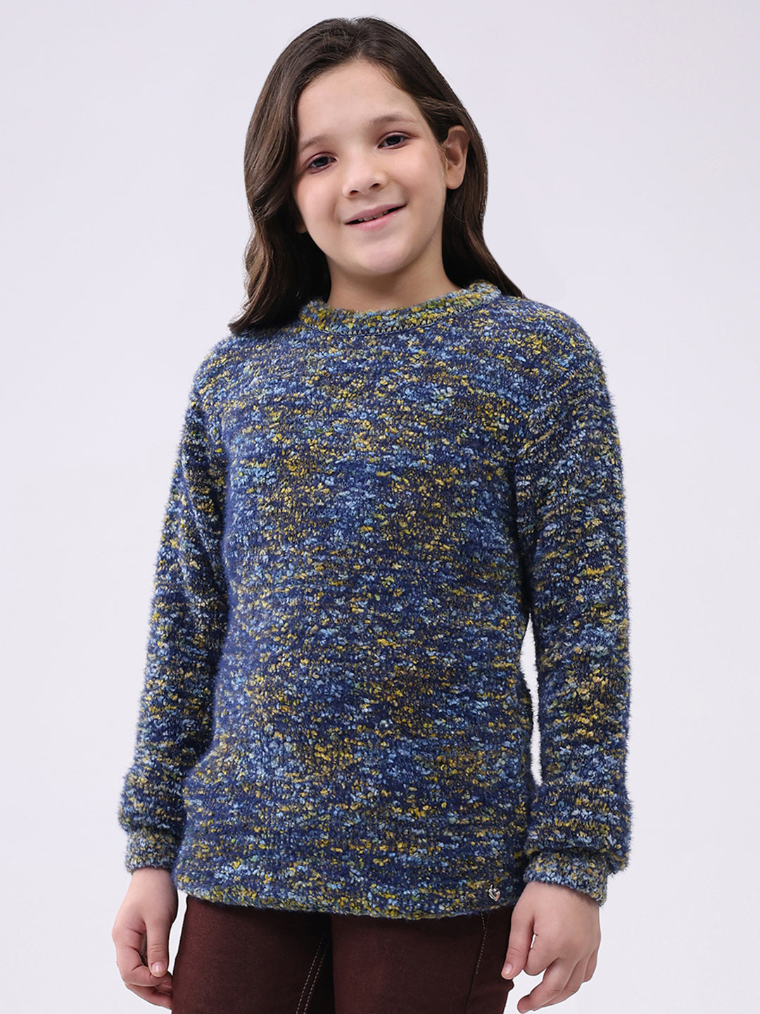 Girls Yellow & Green Self Design Round Neck Full Sleeve Pullover