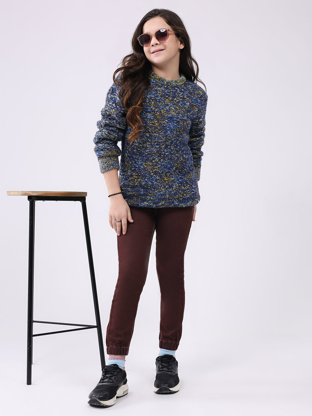 Girls Yellow & Green Self Design Round Neck Full Sleeve Pullover