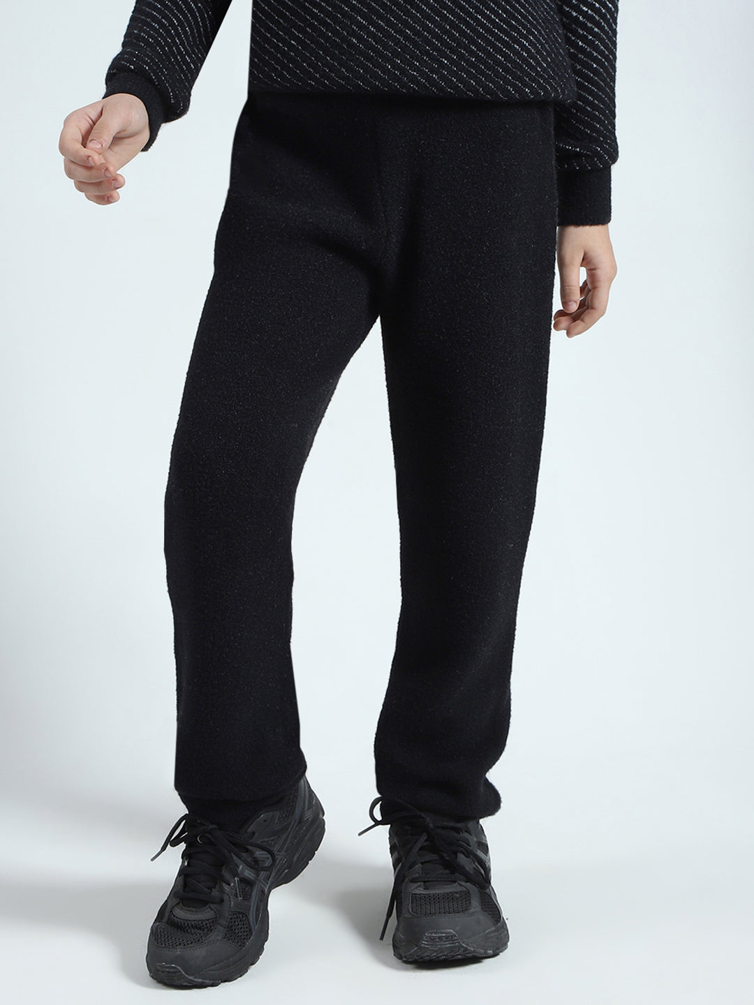 Girls Black Self Design Round Neck Full Sleeve Cords Set