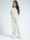Girls Off White Self Design Round Neck Full Sleeve Cords Set