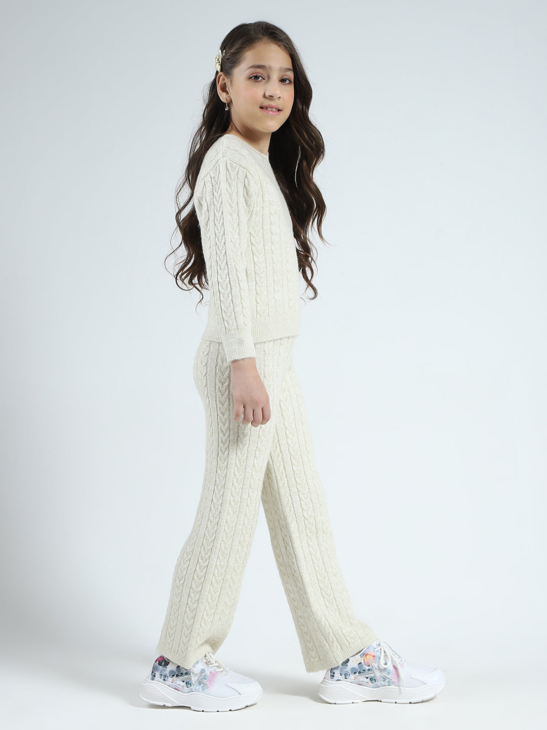 Girls Off White Self Design Round Neck Full Sleeve Cords Set