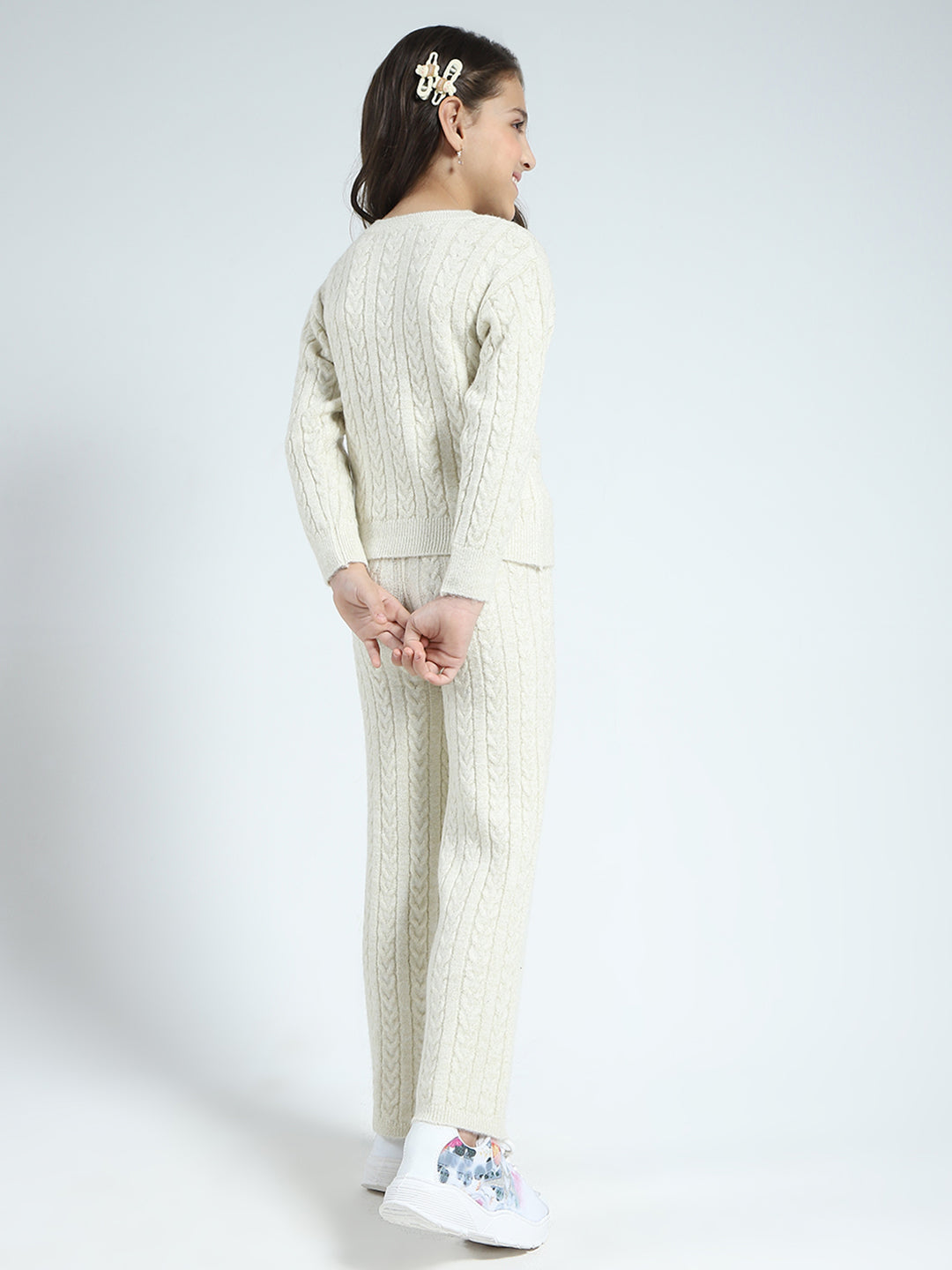 Girls Off White Self Design Round Neck Full Sleeve Cords Set