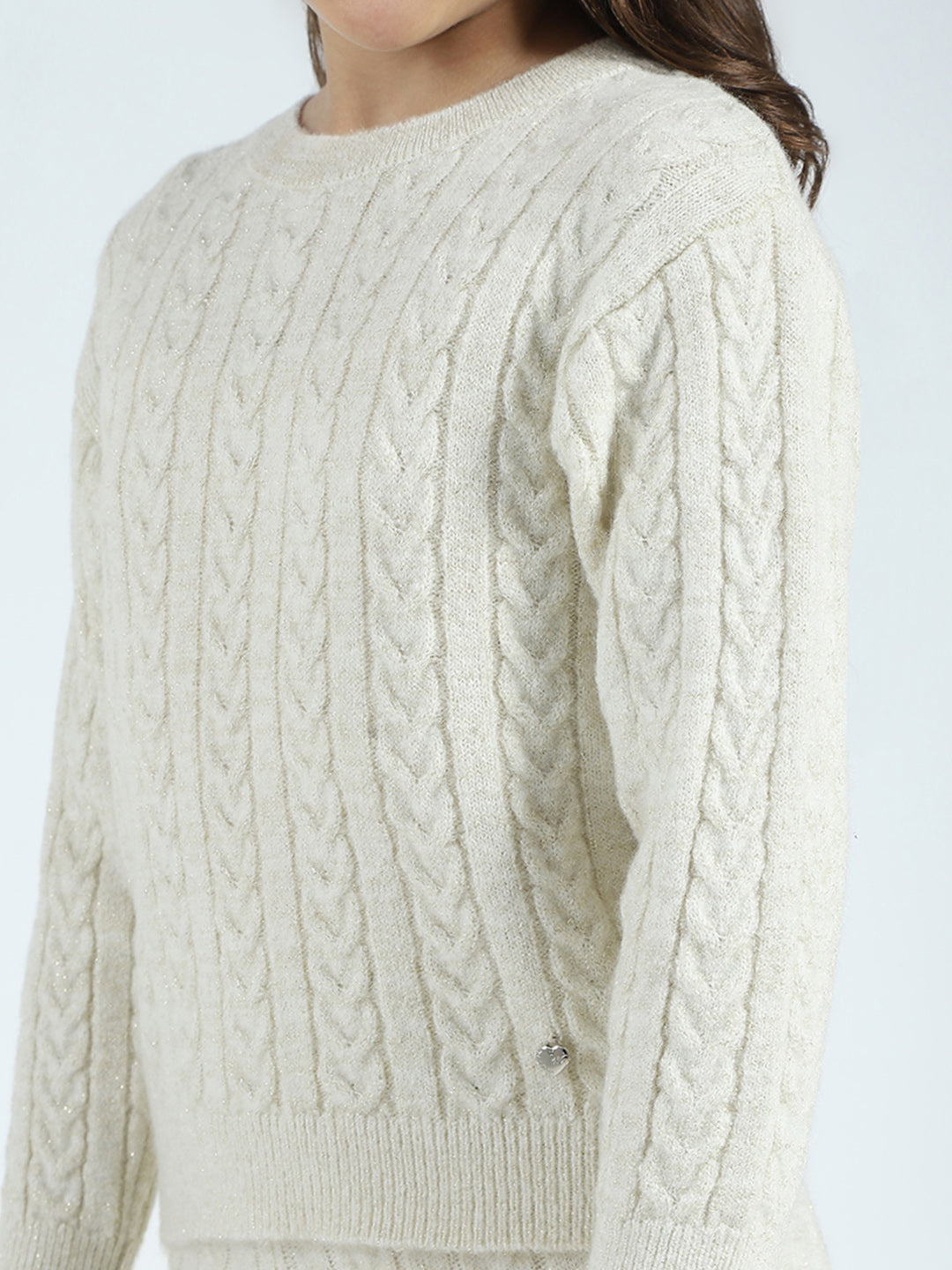 Girls Off White Self Design Round Neck Full Sleeve Cords Set