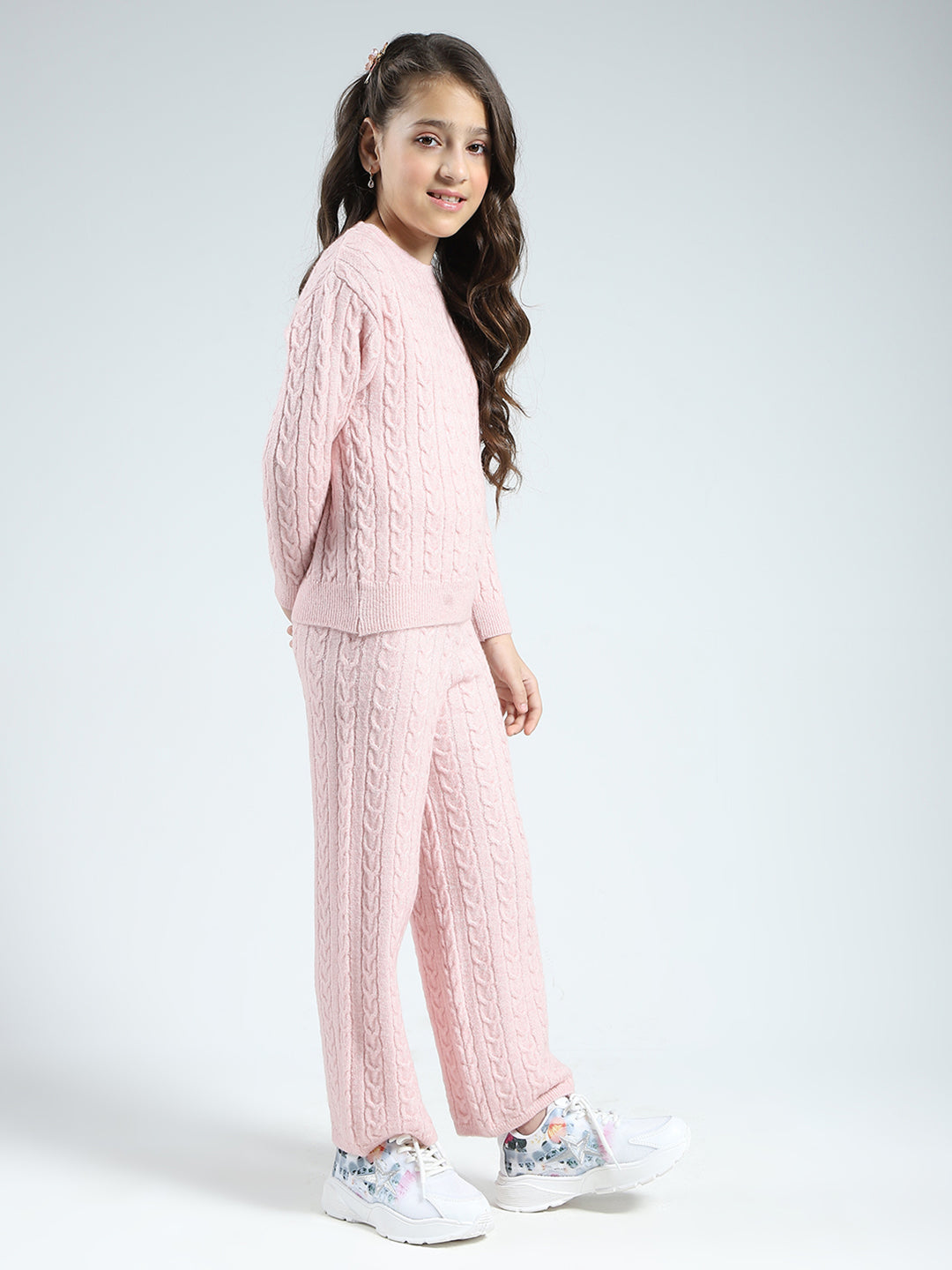 Girls Pink Self Design Round Neck Full Sleeve Cords Set