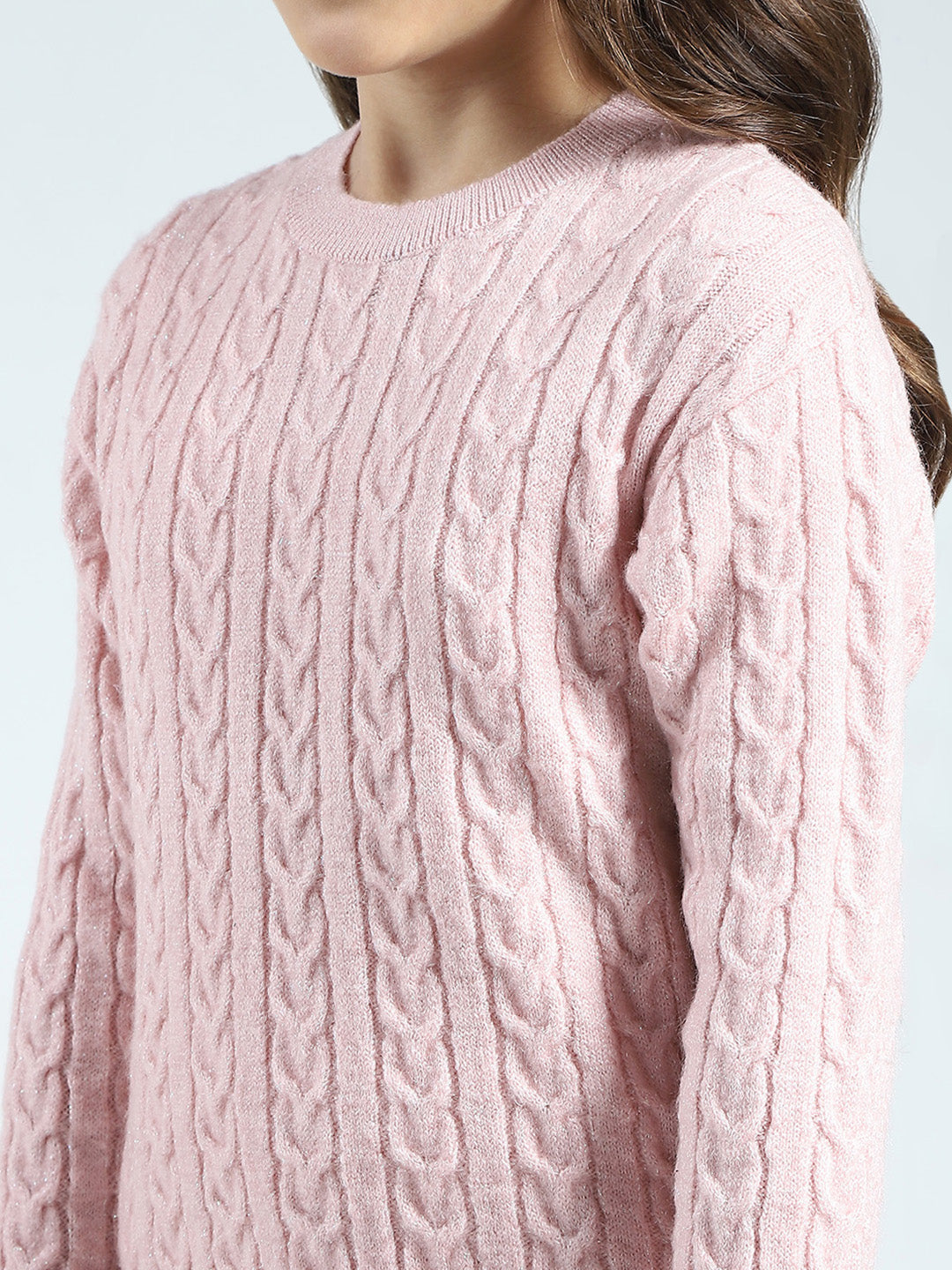 Girls Pink Self Design Round Neck Full Sleeve Cords Set