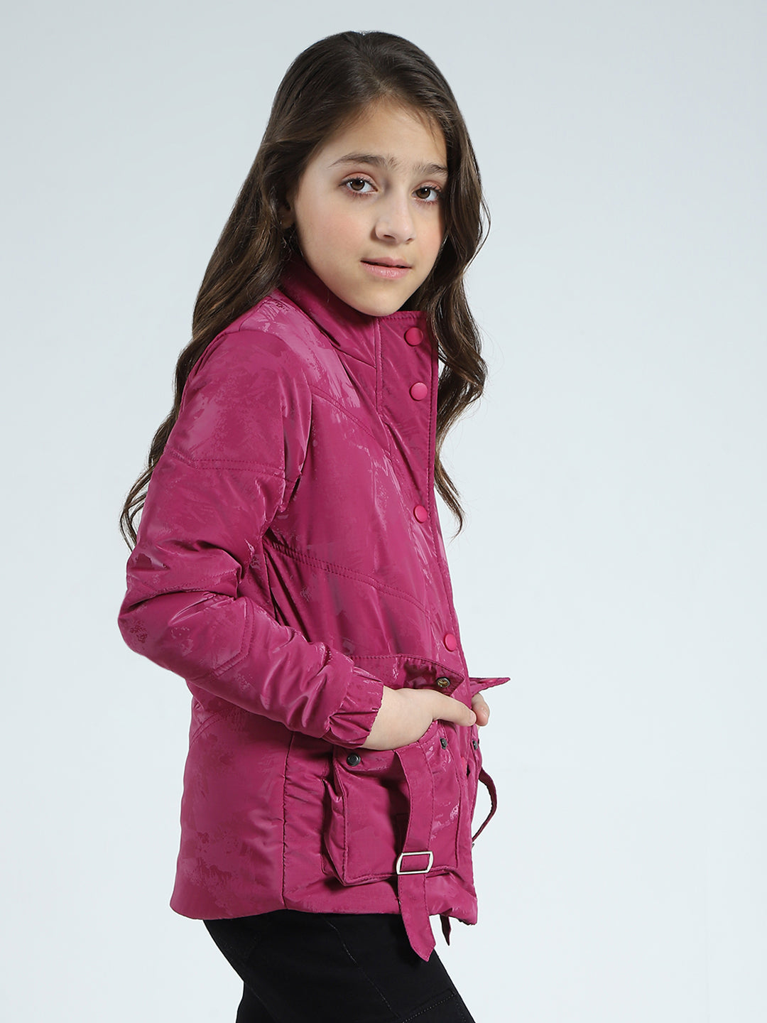 Girls Pink Solid Mock Neck Full Sleeve Jacket