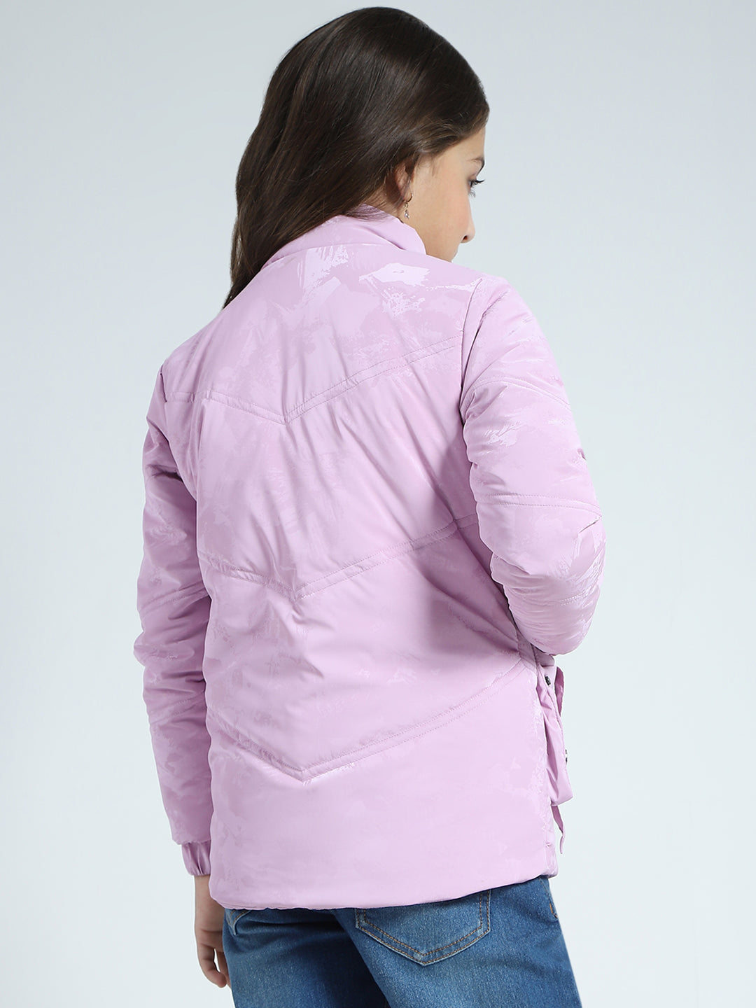 Girls Purple Solid Mock Neck Full Sleeve Jacket