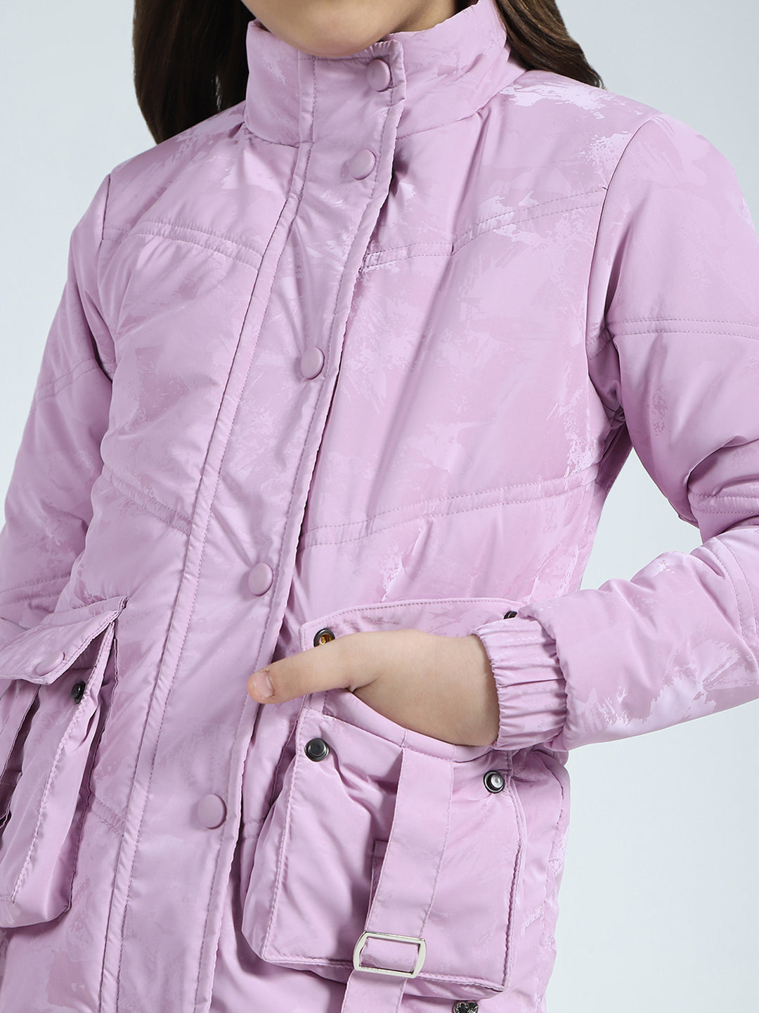 Girls Purple Solid Mock Neck Full Sleeve Jacket