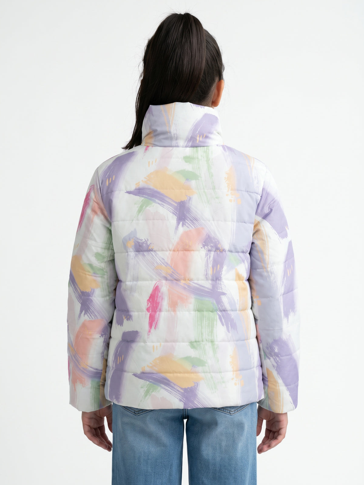 Girls Purple Printed High Neck Full Sleeve Puffer Jacket