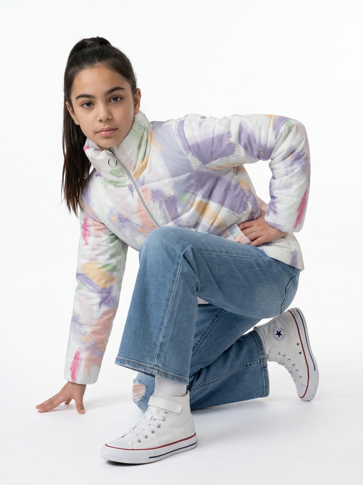 Girls Purple Printed High Neck Full Sleeve Puffer Jacket