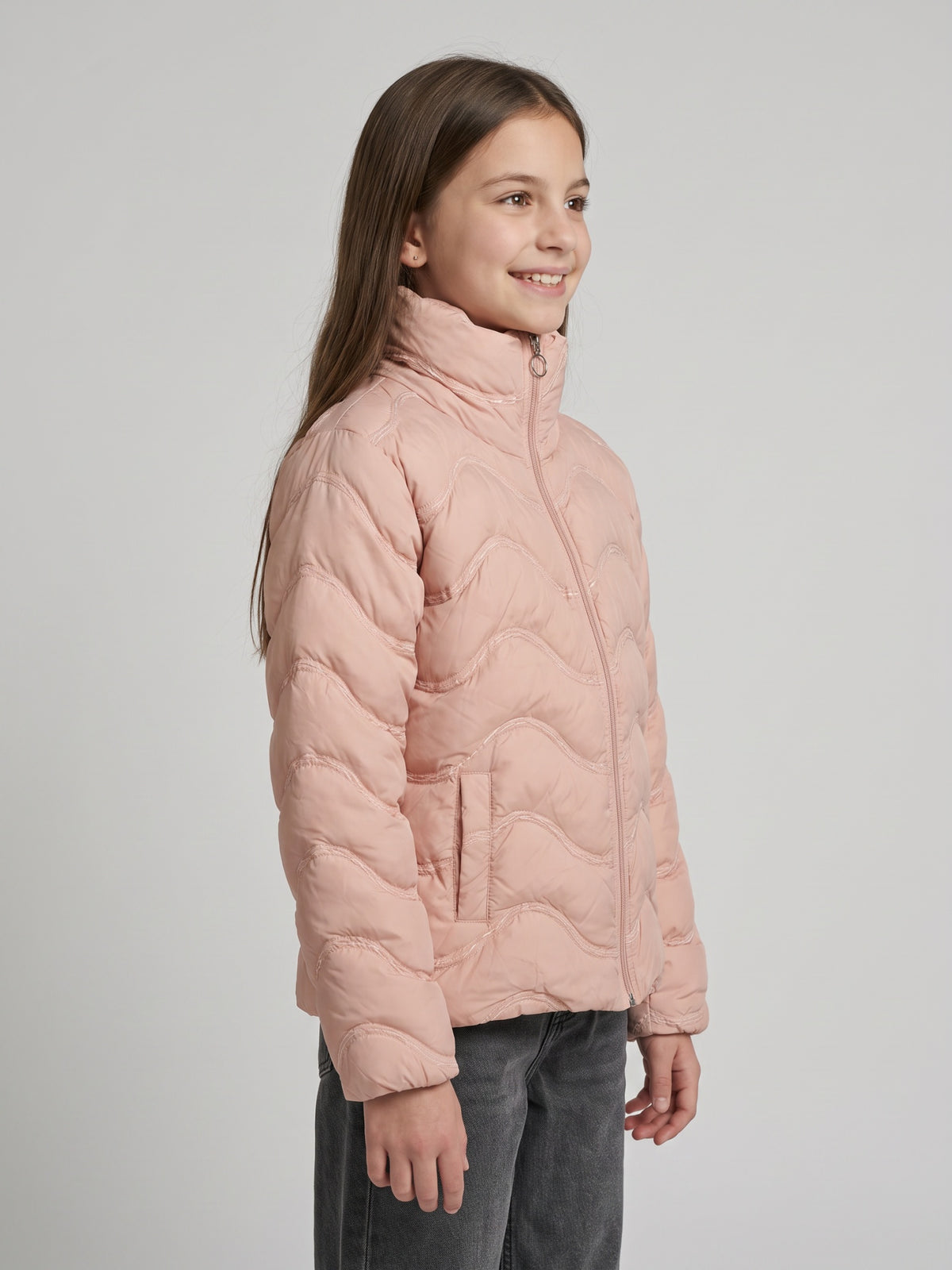 Girls Pink Embroidered High Neck Full Sleeve Puffer Jacket