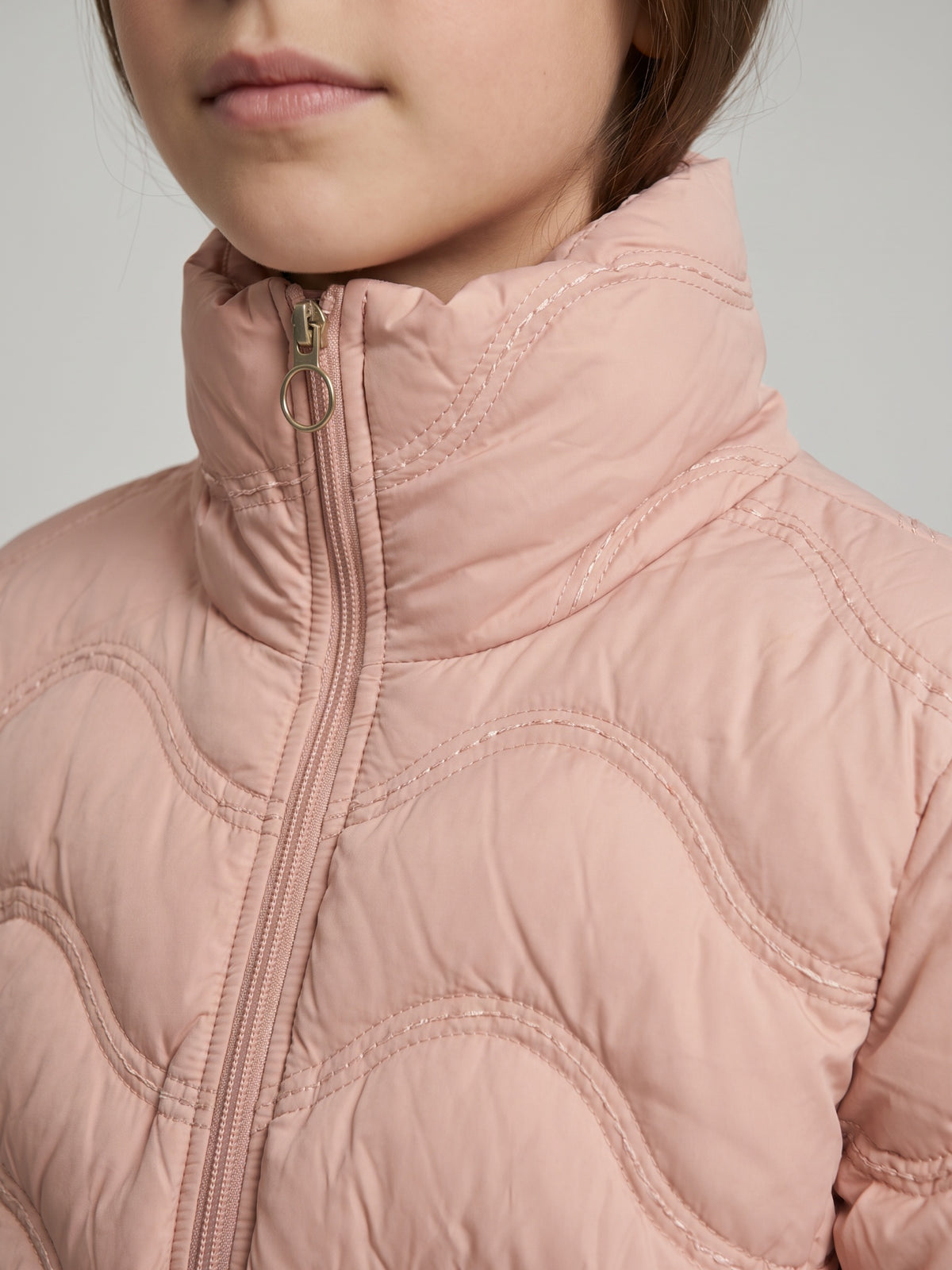 Girls Pink Embroidered High Neck Full Sleeve Puffer Jacket