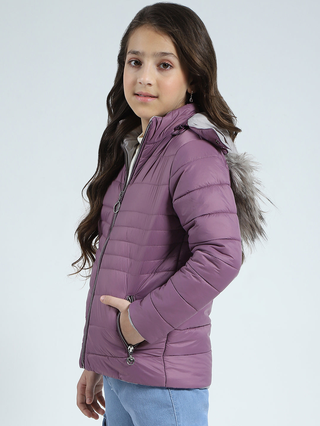 Girls Purple Solid Detachable Hood Full Sleeve Jacket