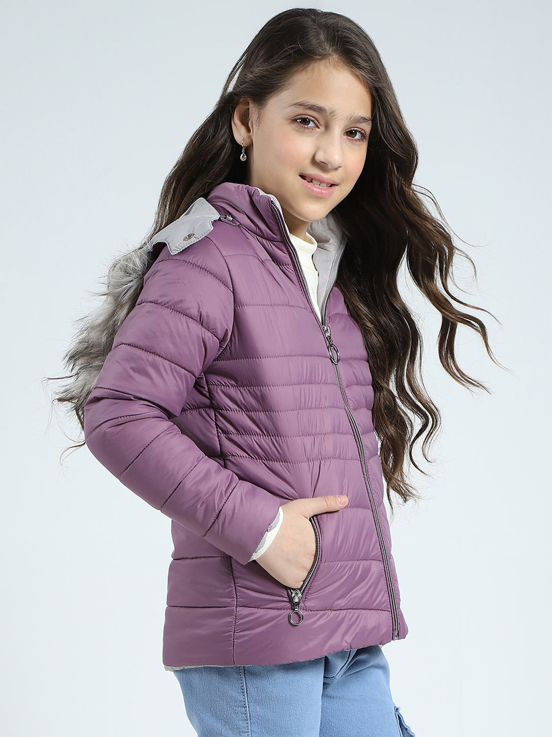 Girls Purple Solid Detachable Hood Full Sleeve Jacket