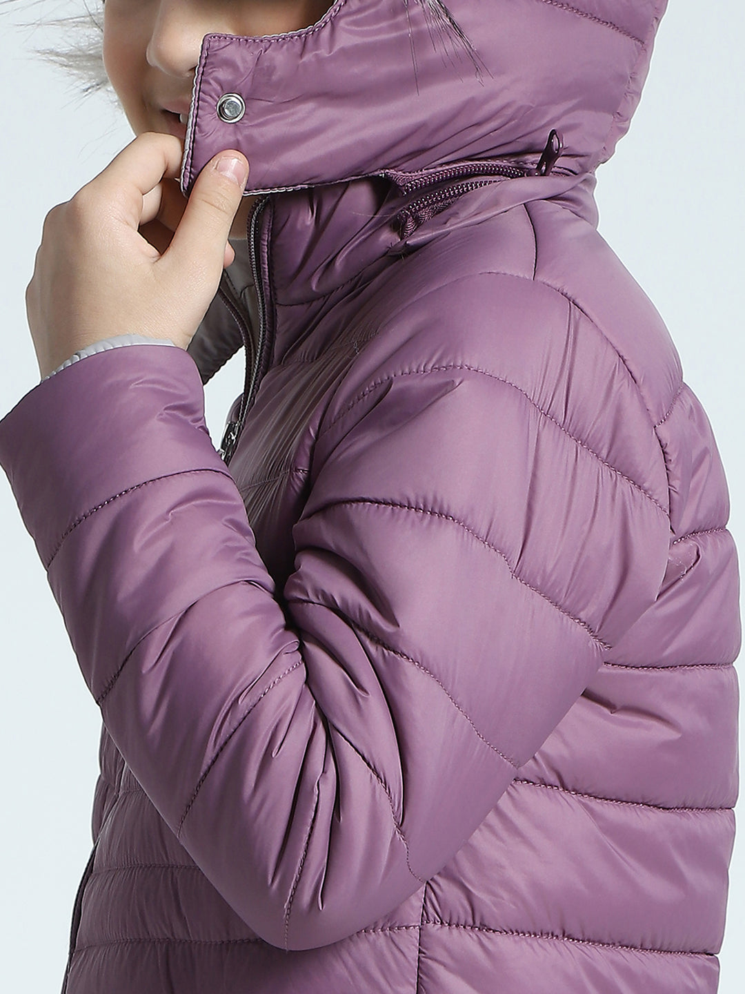 Girls Purple Solid Detachable Hood Full Sleeve Jacket