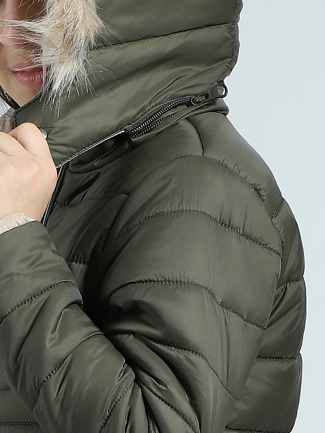 Girls Olive Solid Detachable Hood Full Sleeve Jacket