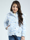 Girls Blue Printed Detachable Hood Full Sleeve Jacket
