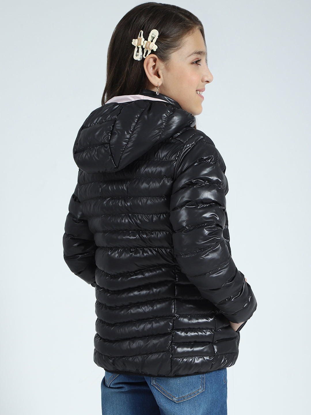 Girls Black Solid Hooded Full Sleeve Reversible Jacket