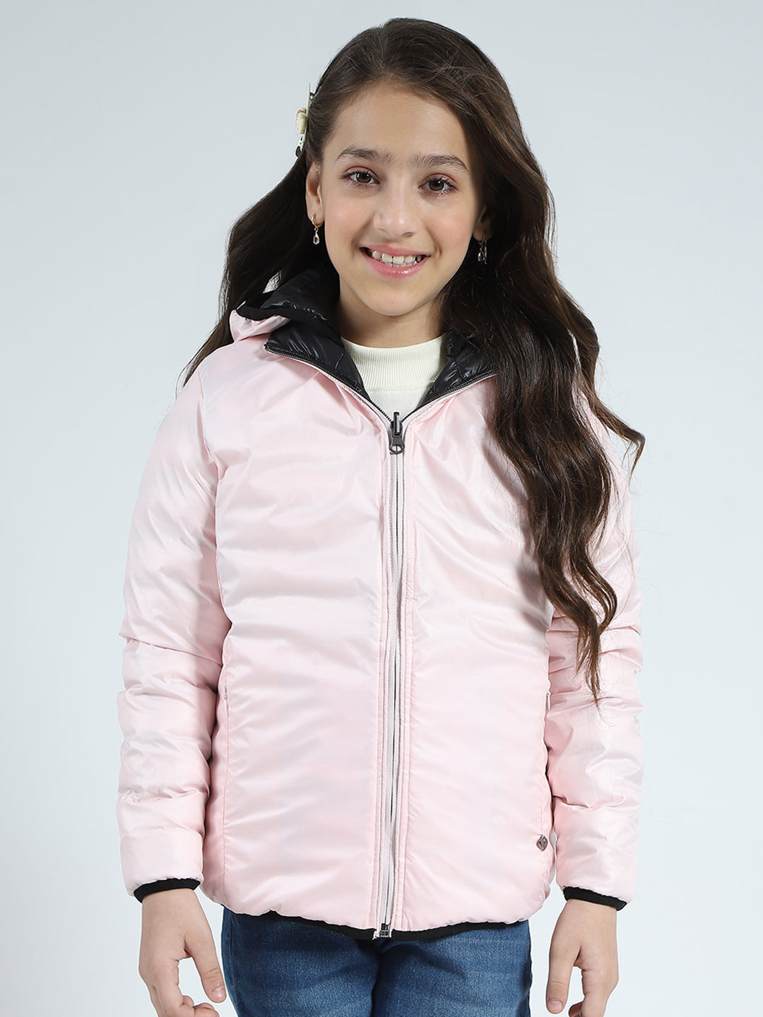 Girls Black Solid Hooded Full Sleeve Reversible Jacket
