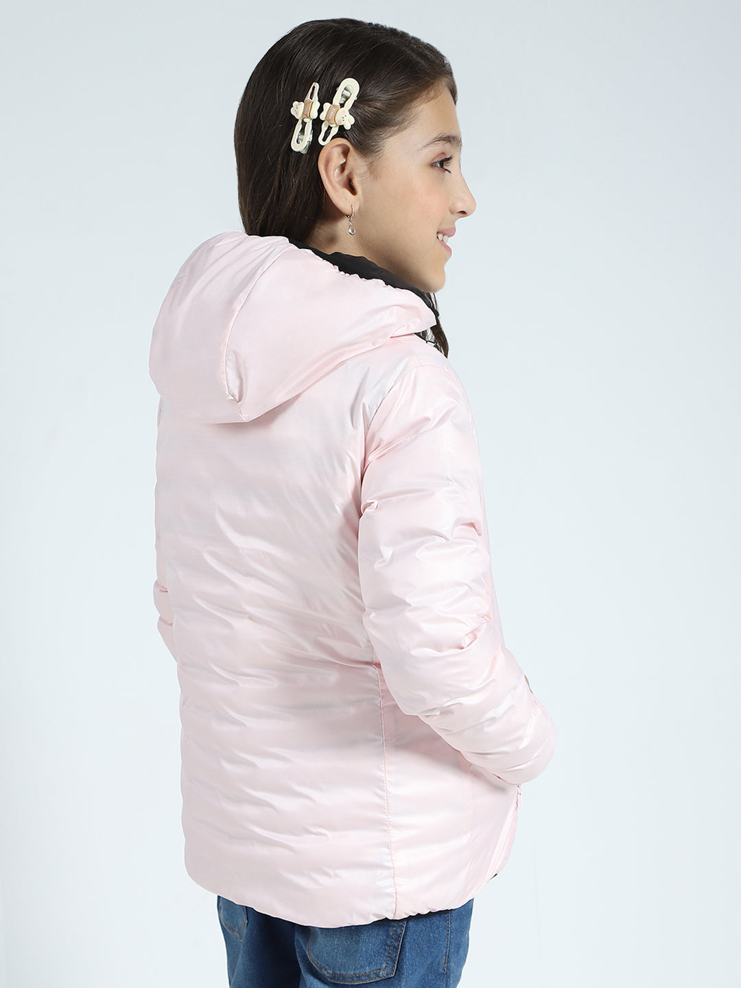 Girls Black Solid Hooded Full Sleeve Reversible Jacket