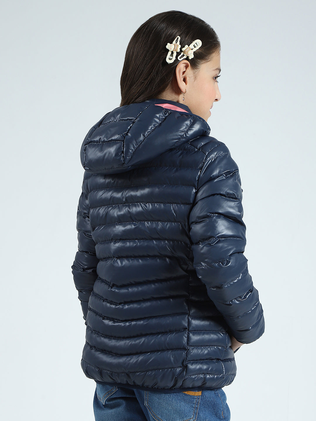 Girls Navy Blue Solid Hooded Full Sleeve Reversible Jacket