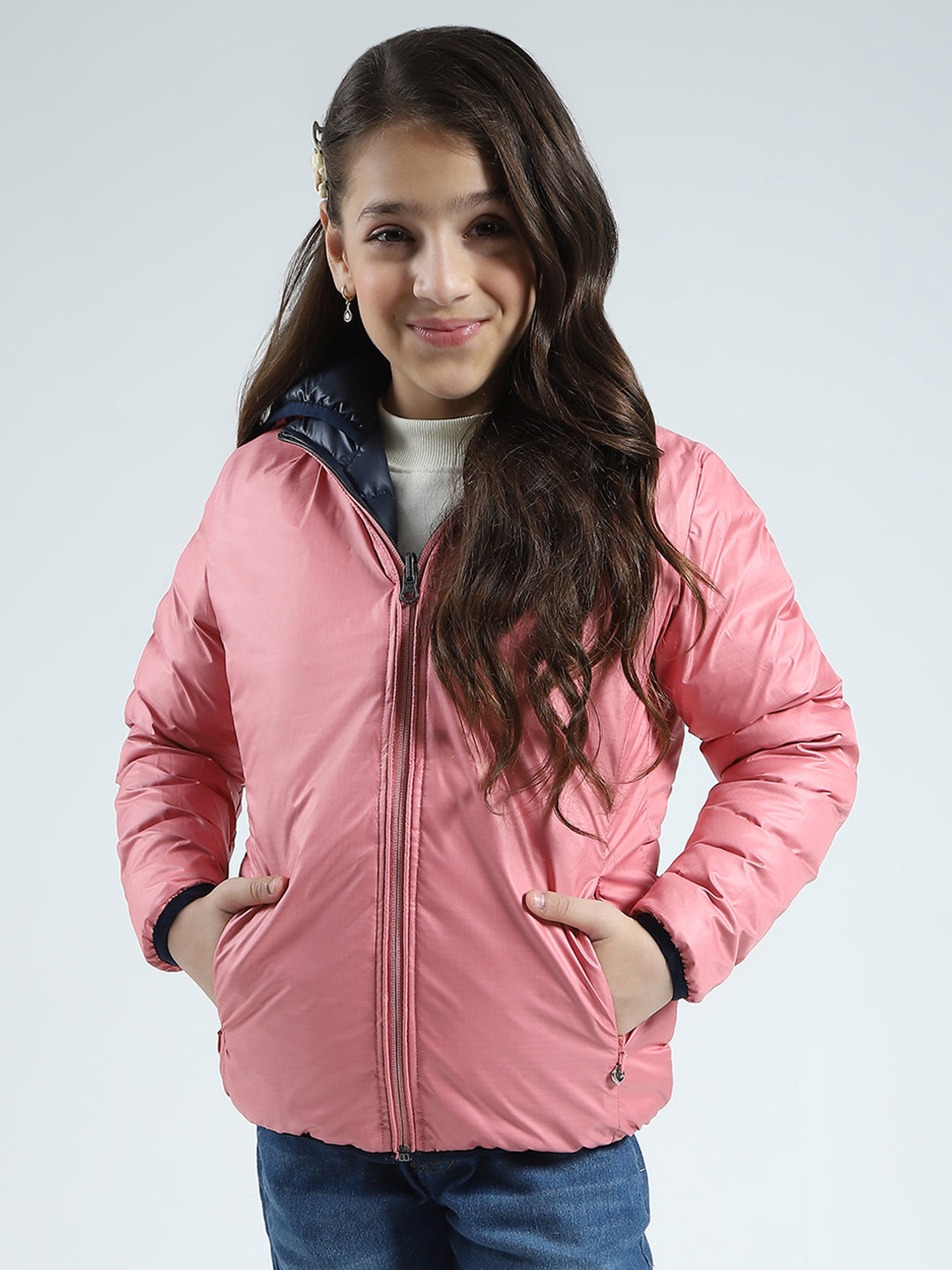 Girls Navy Blue Solid Hooded Full Sleeve Reversible Jacket