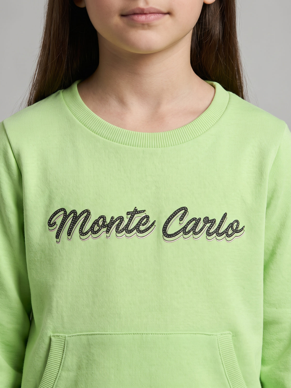 Girls Green Self Design Round Neck Full Sleeve Sweatshirt