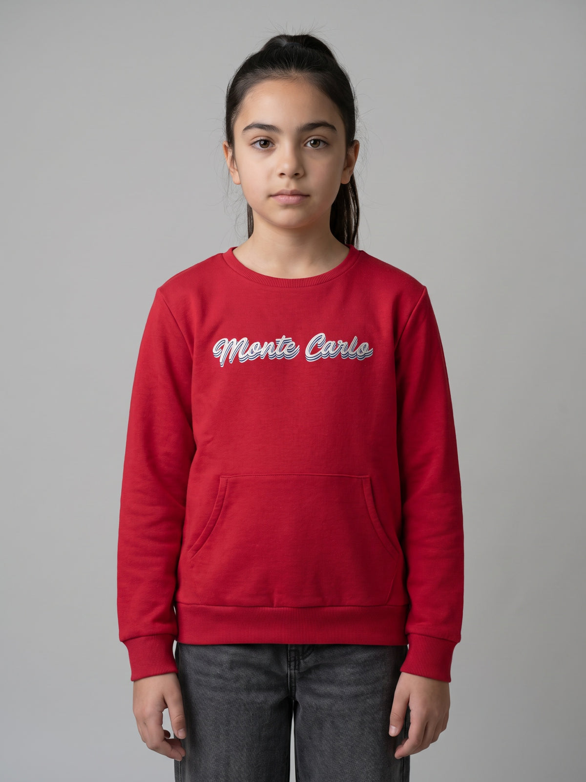 Girls Red Self Design Round Neck Full Sleeve Sweatshirt