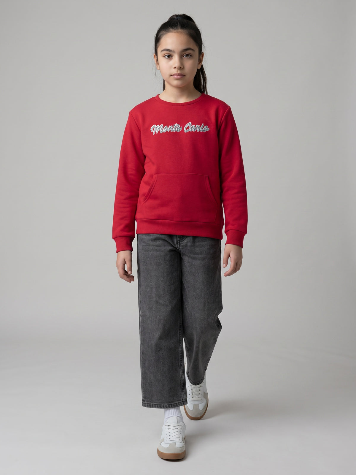 Girls Red Self Design Round Neck Full Sleeve Sweatshirt