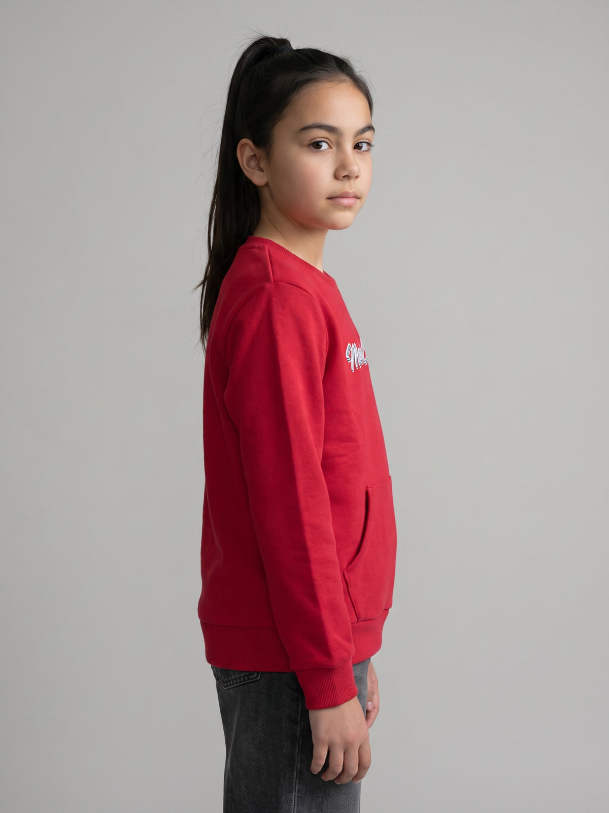 Girls Red Self Design Round Neck Full Sleeve Sweatshirt