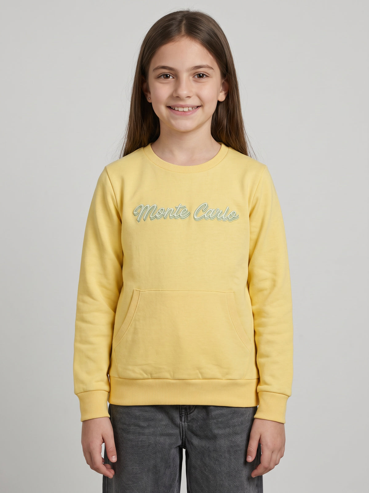 Girls Yellow Self Design Round Neck Full Sleeve Sweatshirt