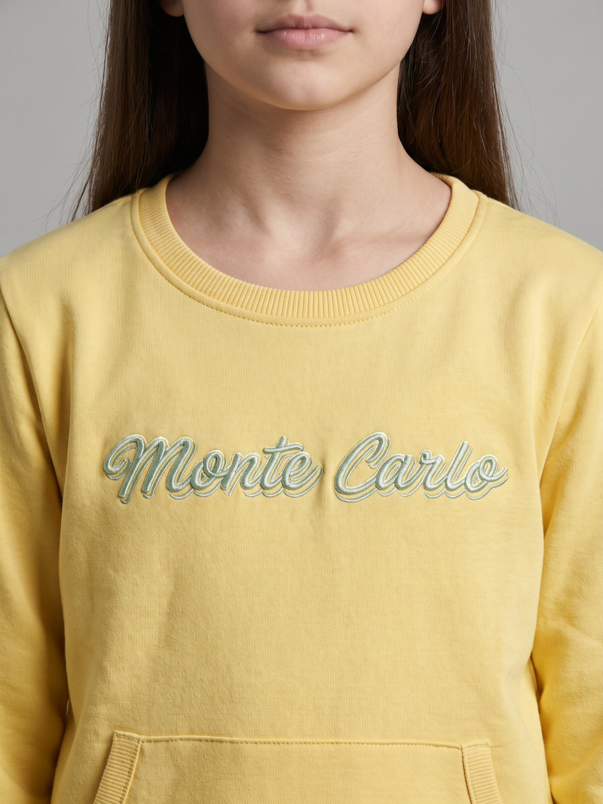 Girls Yellow Self Design Round Neck Full Sleeve Sweatshirt
