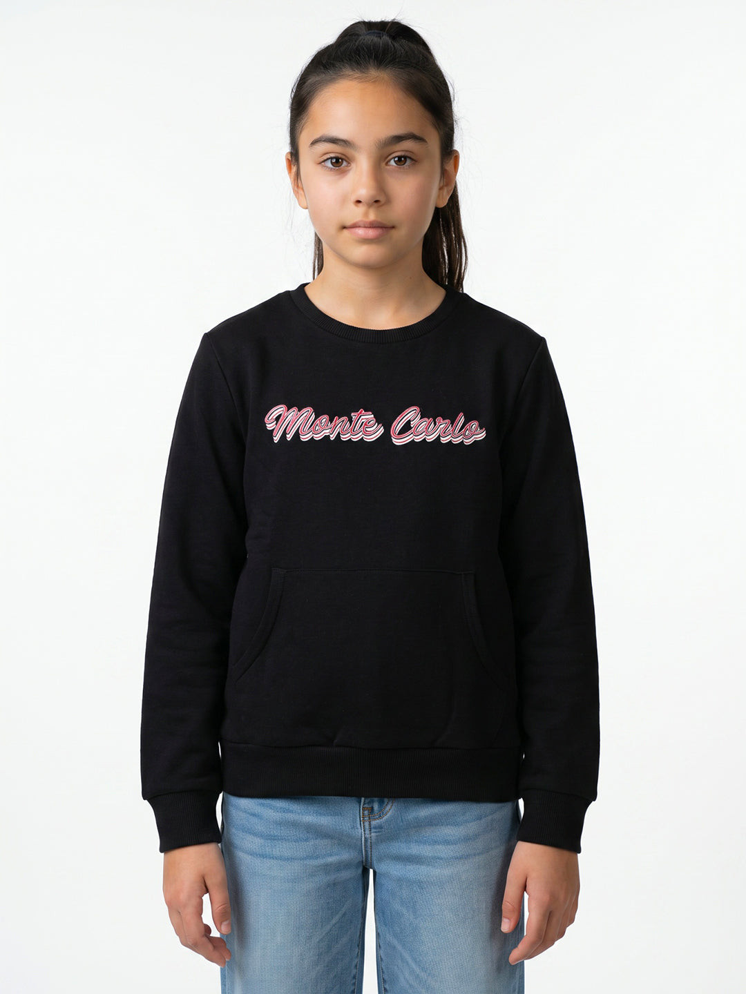 Girls Black Self Design Round Neck Full Sleeve Sweatshirt