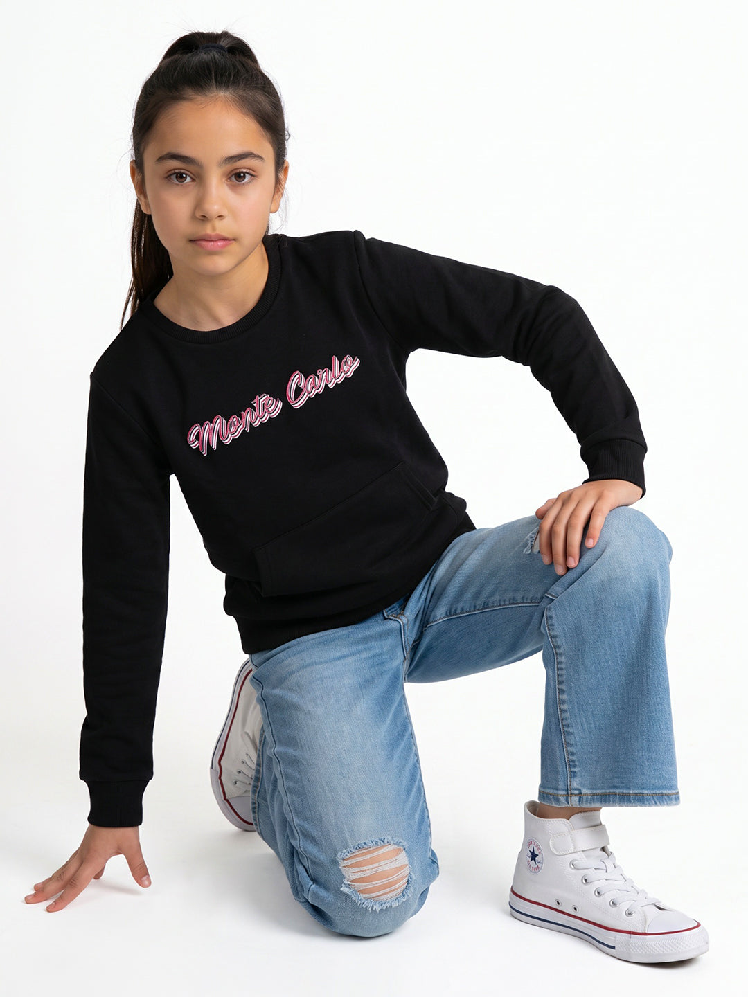 Girls Black Self Design Round Neck Full Sleeve Sweatshirt