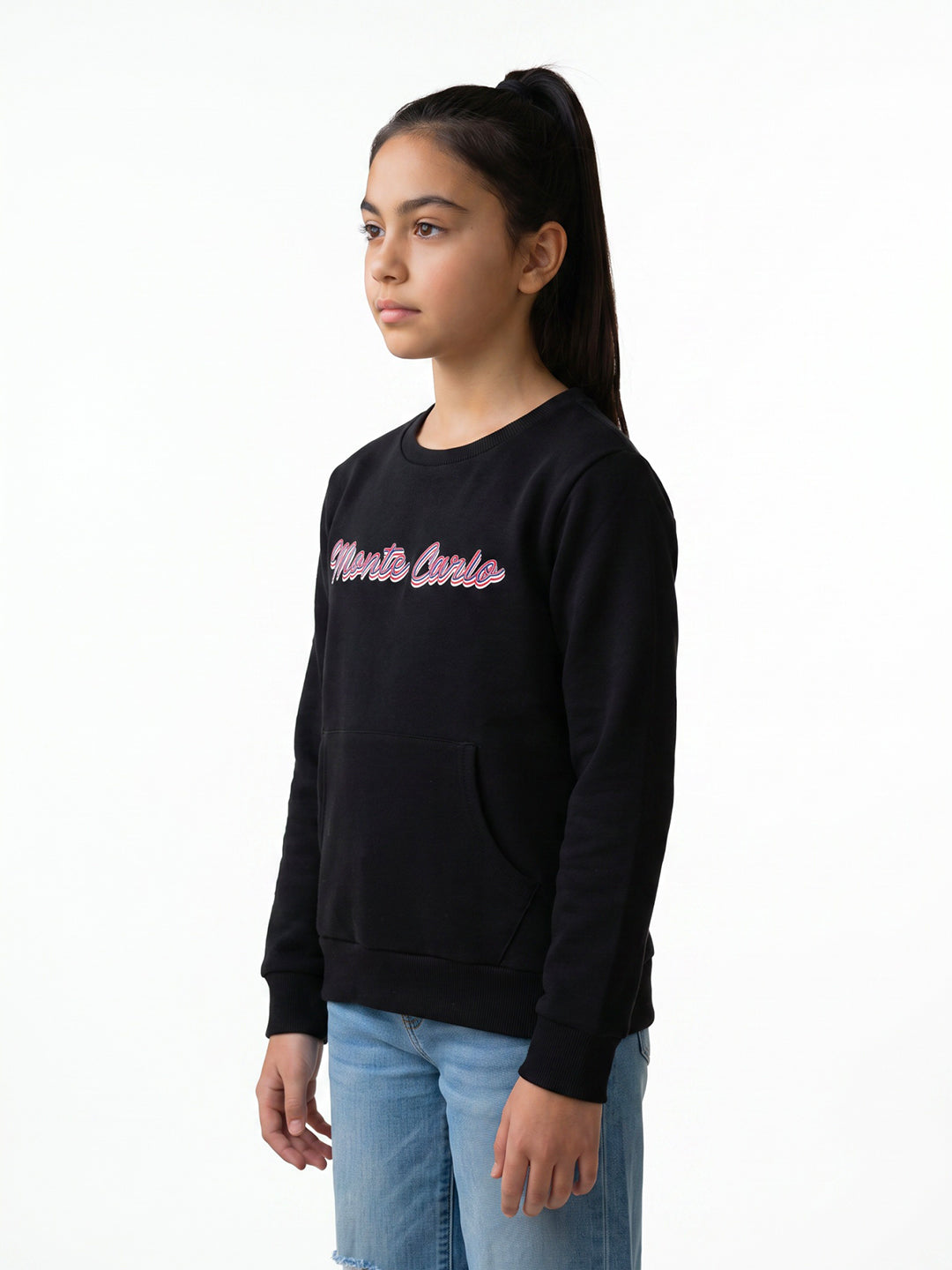 Girls Black Self Design Round Neck Full Sleeve Sweatshirt