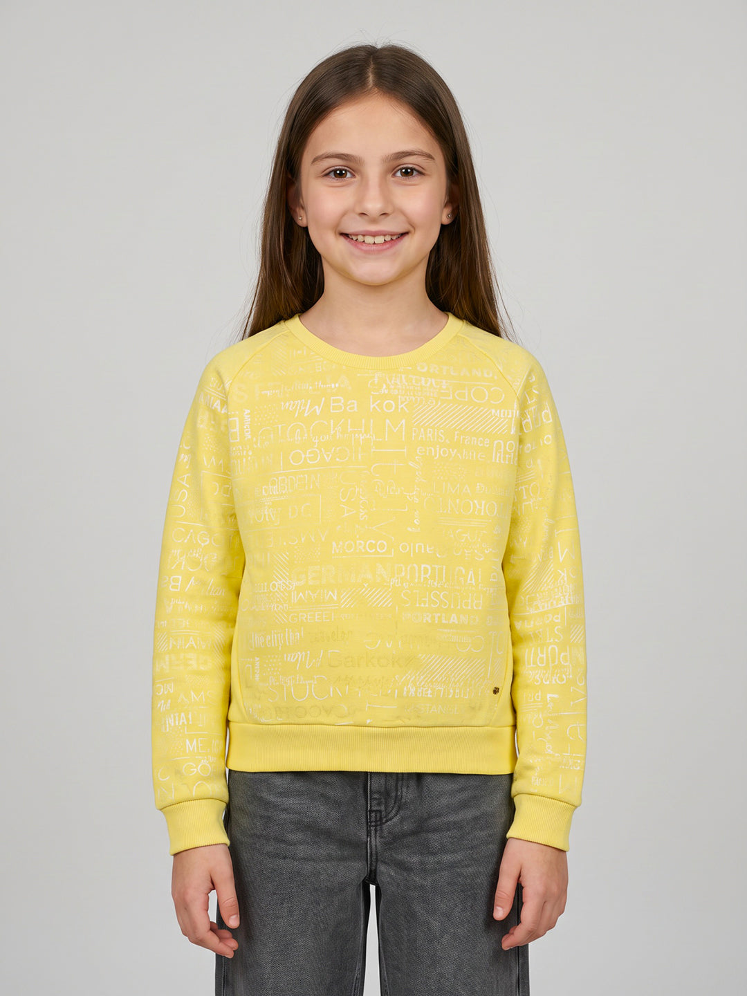 Girls Yellow Self Design Round Neck Full Sleeve Sweatshirt
