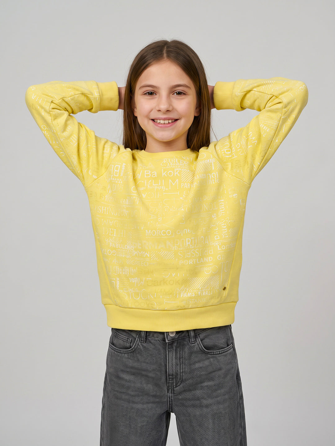 Girls Yellow Self Design Round Neck Full Sleeve Sweatshirt
