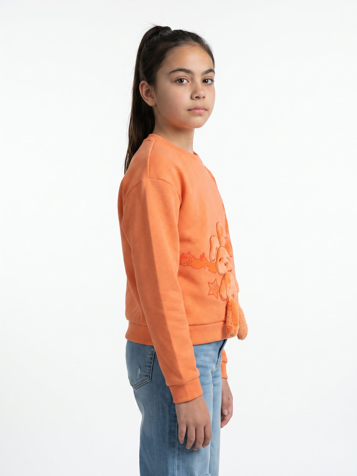 Girls Orange Printed Round Neck Full Sleeve Sweatshirt