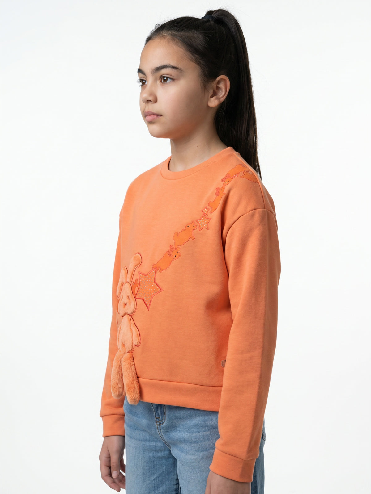 Girls Orange Printed Round Neck Full Sleeve Sweatshirt