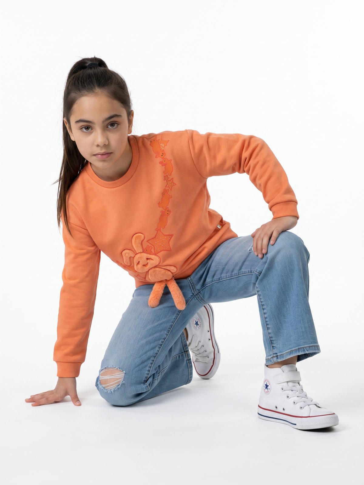 Girls Orange Printed Round Neck Full Sleeve Sweatshirt