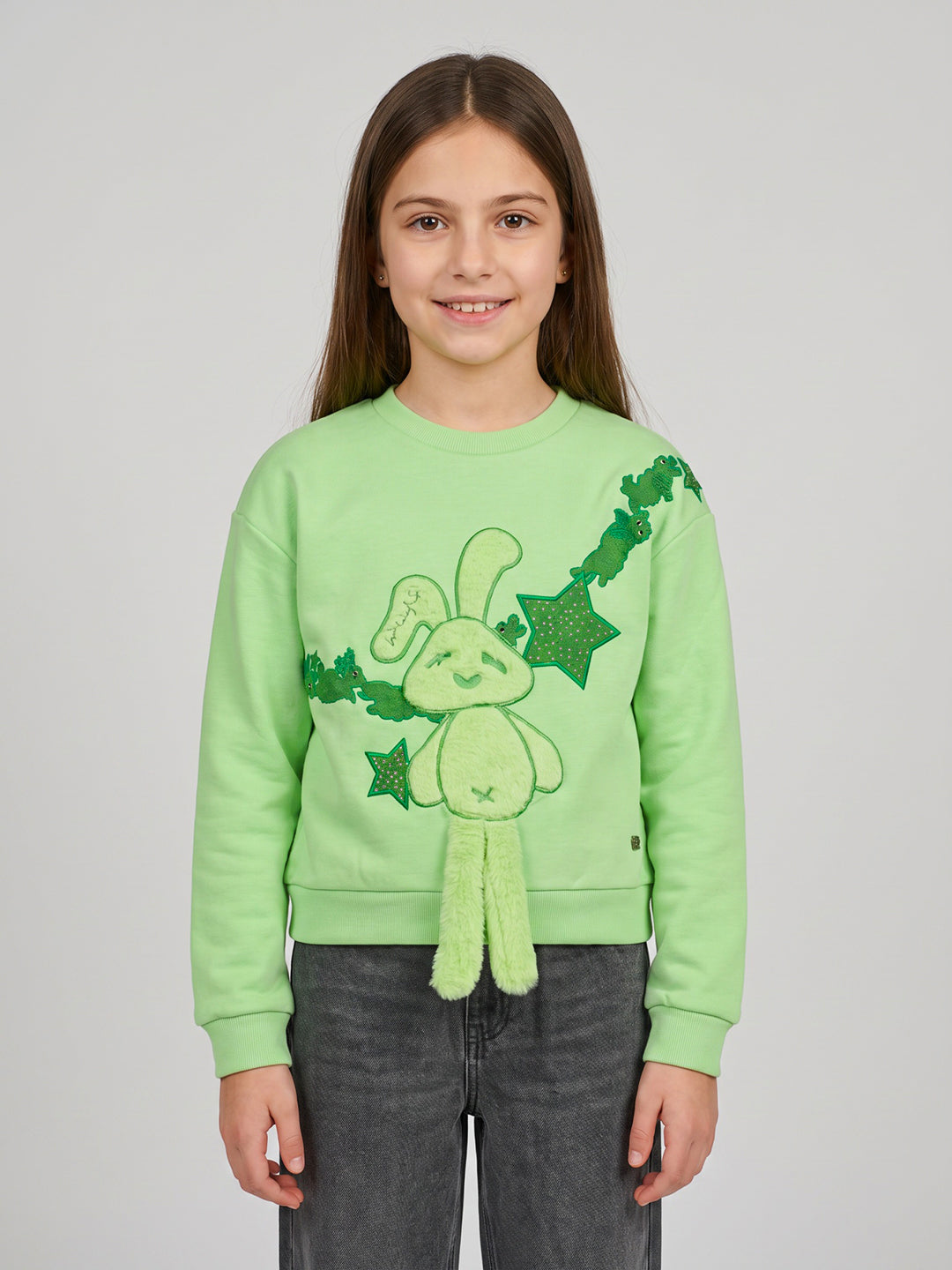 Girls Green Printed Round Neck Full Sleeve Sweatshirt