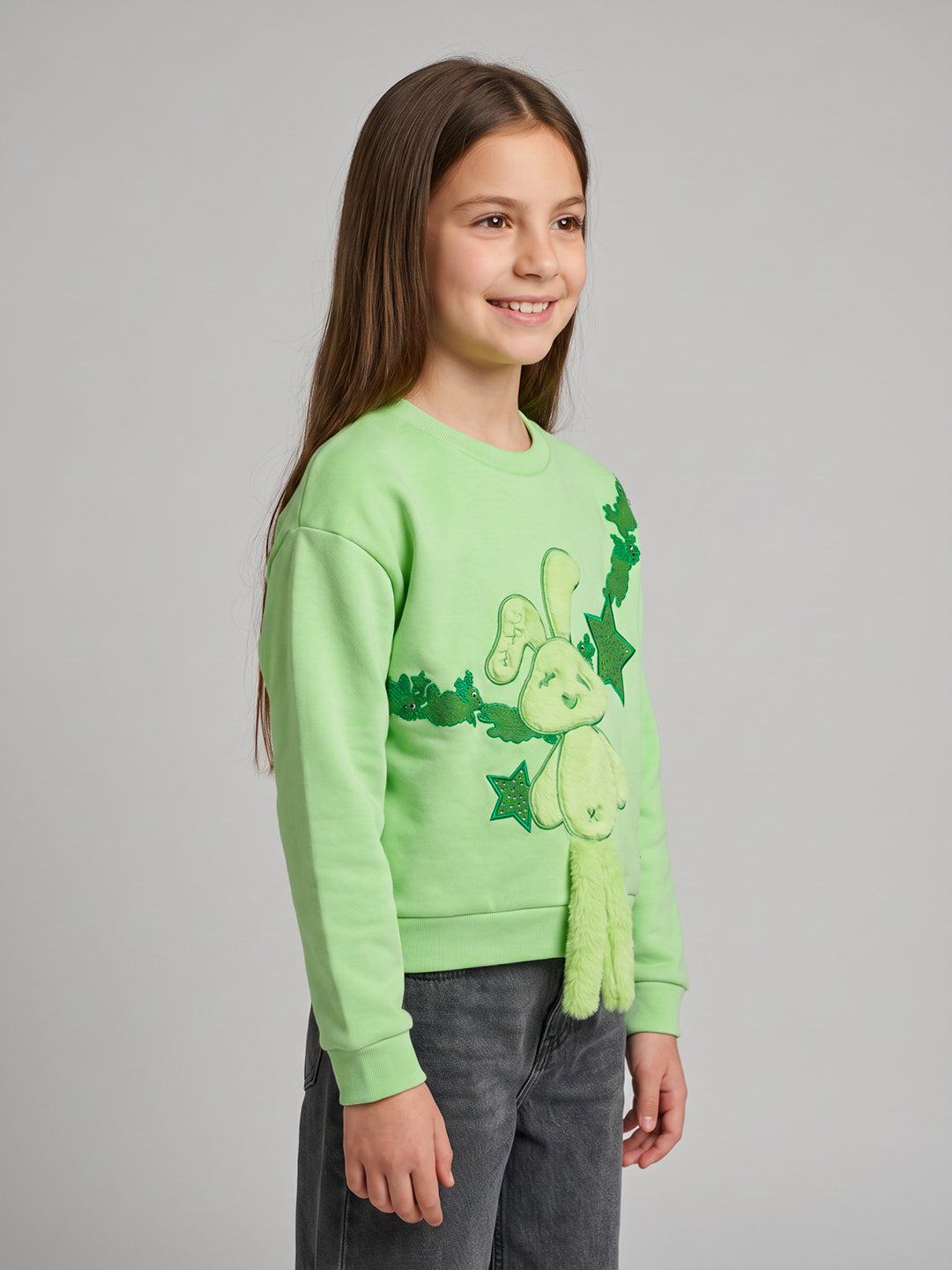 Girls Green Printed Round Neck Full Sleeve Sweatshirt