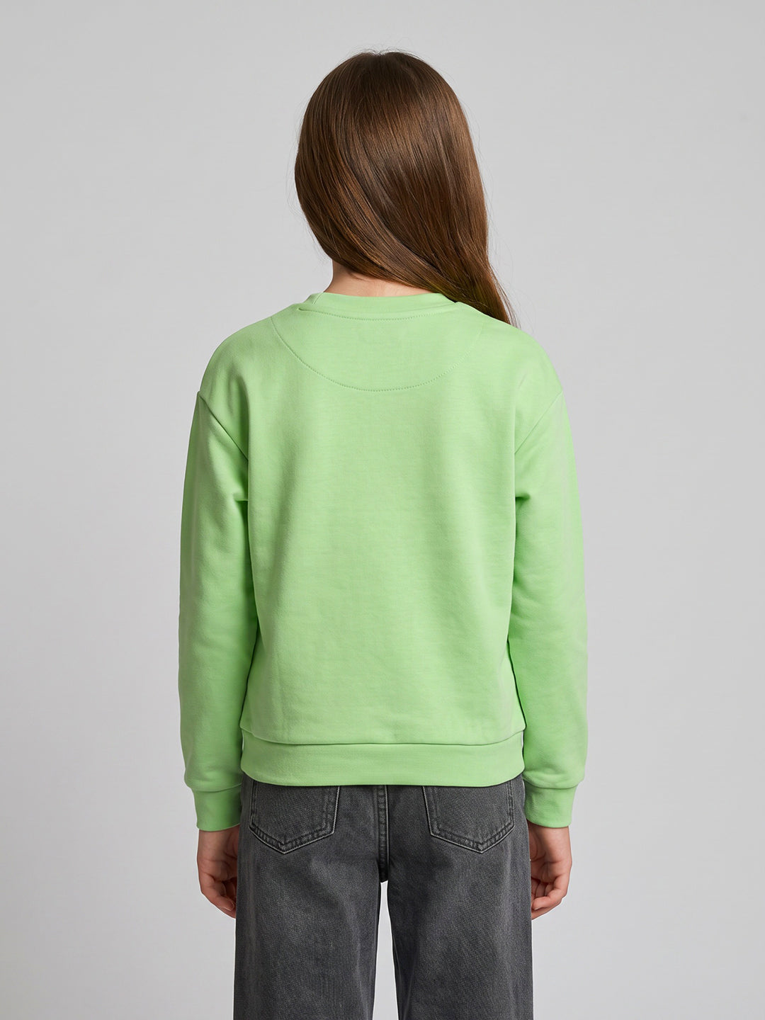 Girls Green Printed Round Neck Full Sleeve Sweatshirt