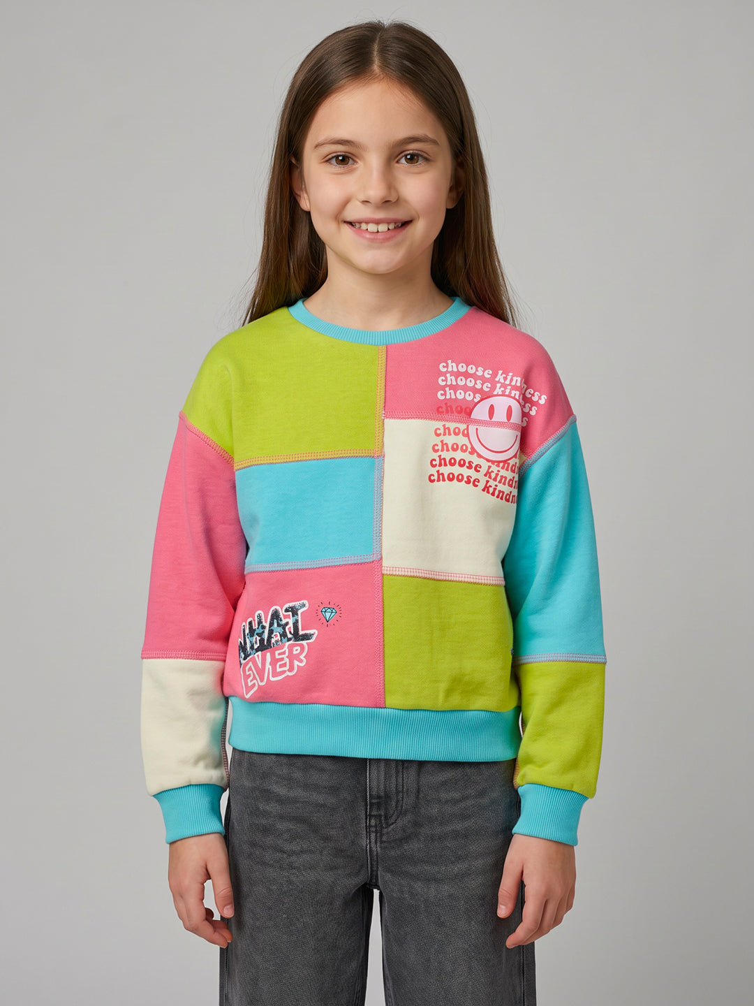 Girls Aqua Blue Colourblocked Round Neck Full Sleeve Sweatshirt